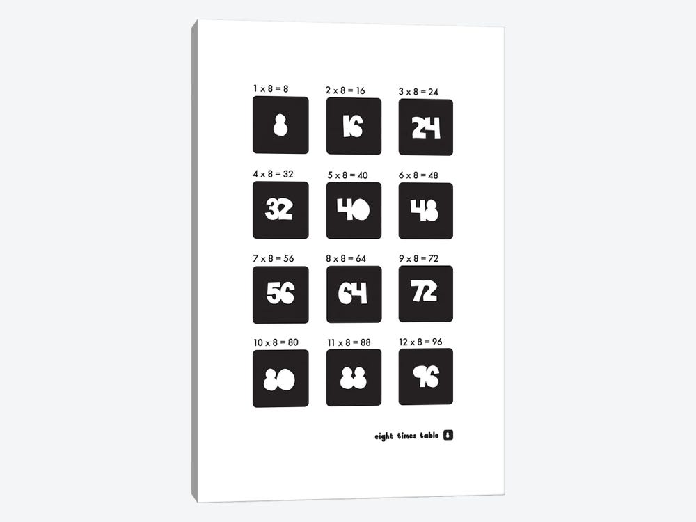 Black And White Times Tables - 8 by PaperPaintPixels 1-piece Canvas Art