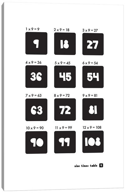 Black And White Times Tables - 9 Canvas Art Print - Mathematics Art