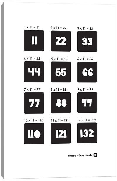 Black And White Times Tables - 11 Canvas Art Print - Number Art