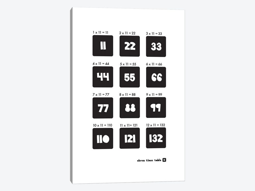 Black And White Times Tables - 11 by PaperPaintPixels 1-piece Canvas Art Print