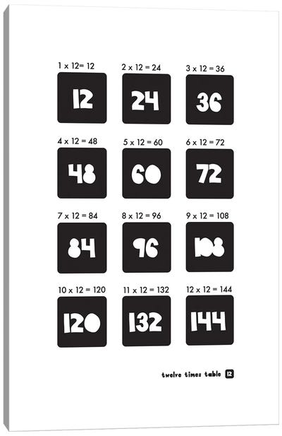 Black And White Times Tables - 12 Canvas Art Print - Mathematics Art