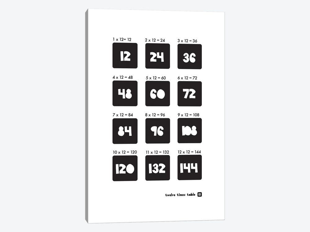 Black And White Times Tables - 12 by PaperPaintPixels 1-piece Canvas Artwork