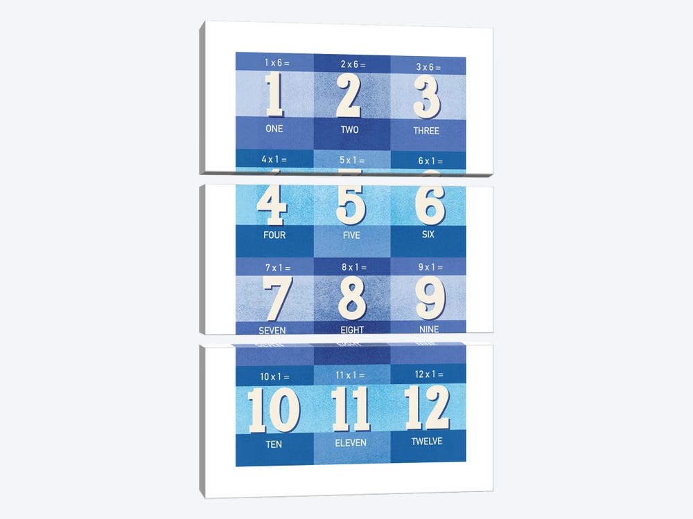 Blue Times Tables - 1 by PaperPaintPixels 3-piece Canvas Print