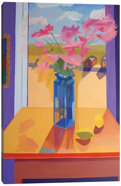Blue Glass Vase With Lemons Canvas Art Print - Interiors