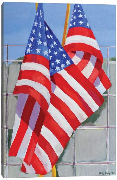 Flags On A Fence Canvas Art Print - American Flag Art