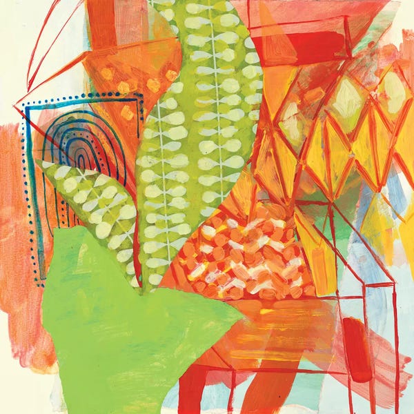 Pamela Staker: Orange Chair With Potted Plant And Beach Towel by Pamela Staker