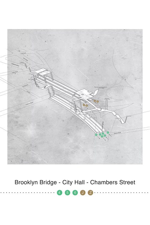 Brooklyn Bridge - City Hall - Chambers Street Station 3D Map Poster by Project Subway NYC wall art