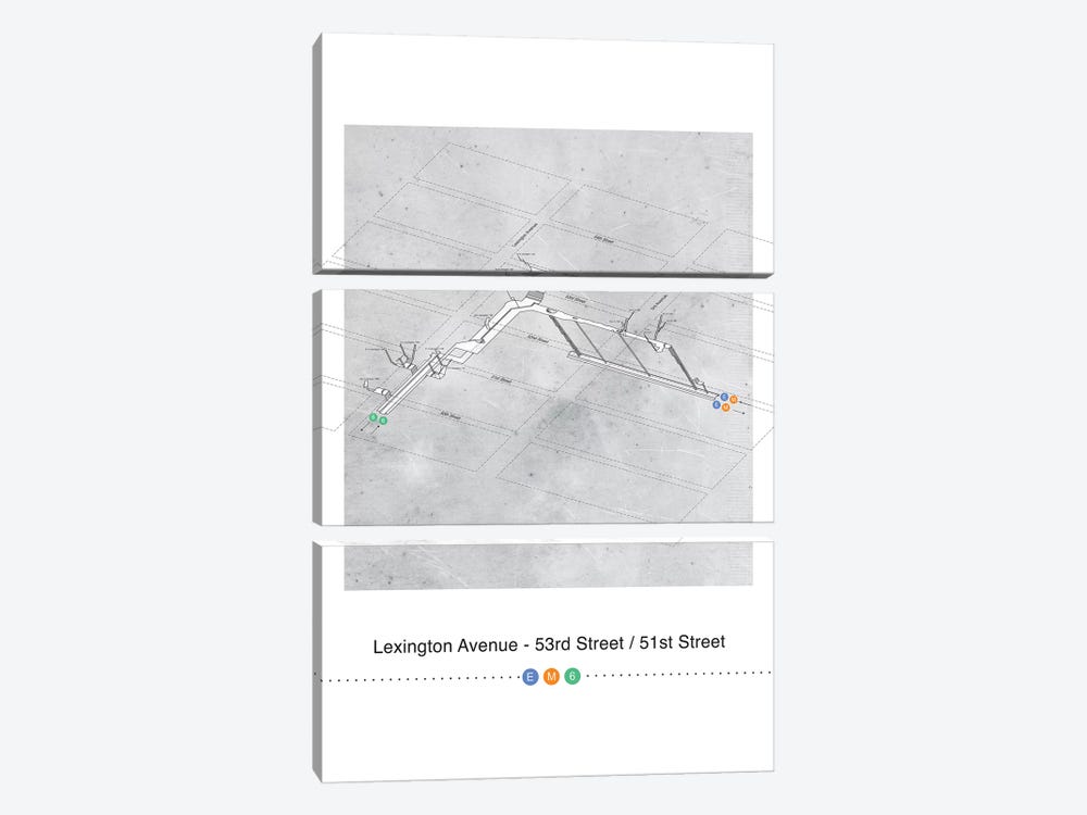 Lexington Avenue - 53rd Street x 51st Street Station 3D Map Poster by Project Subway NYC 3-piece Canvas Art Print