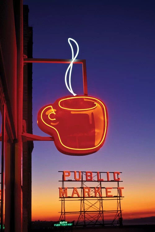 Coffee Cup & Public Market Neon Signs, Pike Place Market, Seattle, Washington, USA