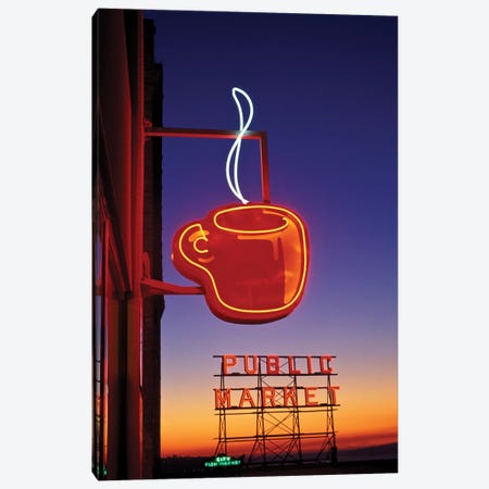 Coffee Cup & Public Market Neon Signs, Pike Place Market, Seattle, Washington, USA Canvas Print #PSO13} by Paul Souders Canvas Artwork