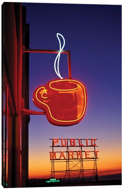 Coffee Cup & Public Market Neon Signs, Pike Place Market, Seattle, Washington, USA Canvas Art Print