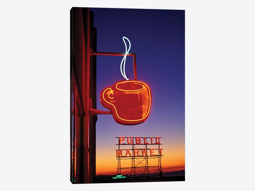 Coffee Cup & Public Market Neon Signs, Pike Place Market, Seattle, Washington, USA by Paul Souders 1-piece Canvas Artwork