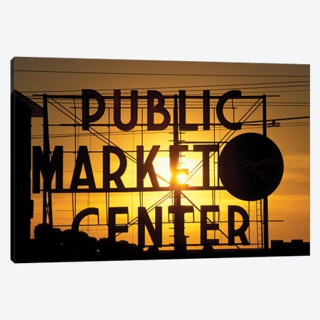 Public Market Center Neon Sign And Clock Silhouette In Front Of A Rising Sun, Pike Place Market, Seattle, Washington, USA Canvas Print #PSO14} by Paul Souders Art Print
