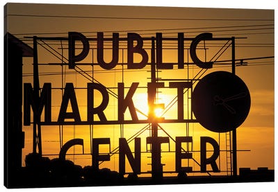 Public Market Center Neon Sign And Clock Silhouette In Front Of A Rising Sun, Pike Place Market, Seattle, Washington, USA Canvas Art Print