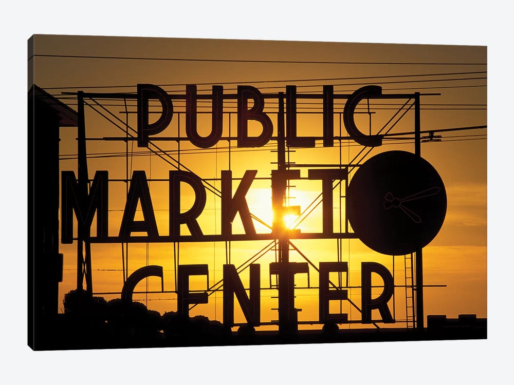 Public Market Center Neon Sign And Clock Silhouette In Front Of A Rising Sun, Pike Place Market, Seattle, Washington, USA by Paul Souders 1-piece Canvas Print