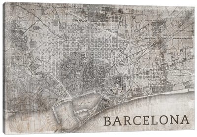 Map Barcelona, Vintage Canvas Art Print - Barcelona Art