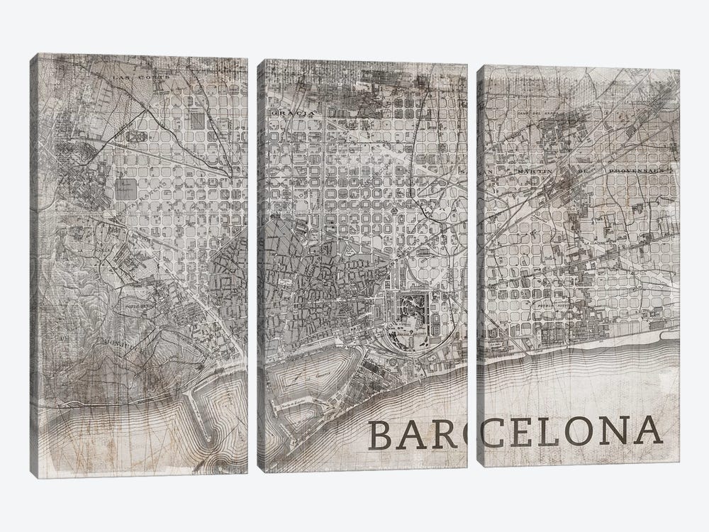 Map Barcelona, Vintage 3-piece Canvas Wall Art