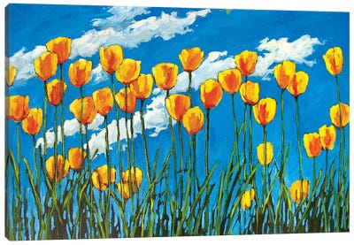 Yellow Tulips on Blue Sky Canvas Art Print - Tulip Art