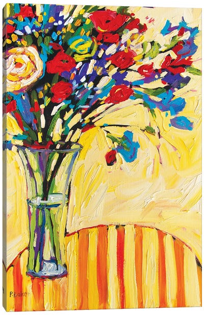 Floral Vase on Red and Yellow Striped Tablecloth Canvas Art Print - All Things Matisse