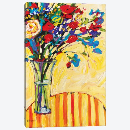 Floral Vase on Red and Yellow Striped Tablecloth Canvas Print #PTB161} by Patty Baker Canvas Artwork