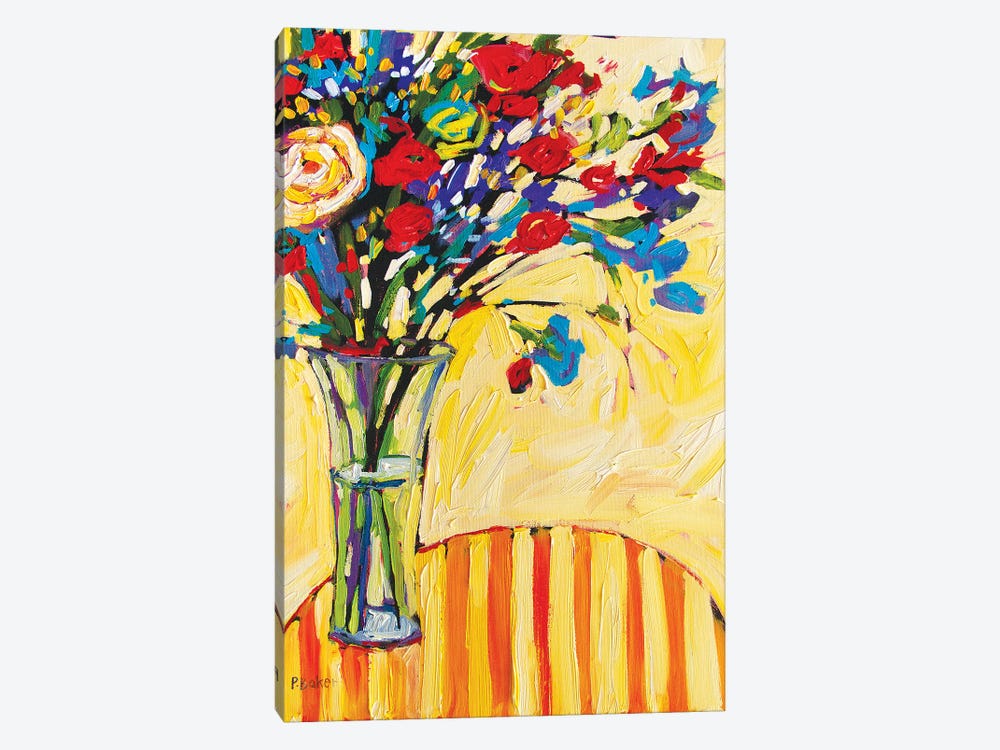 Floral Vase on Red and Yellow Striped Tablecloth by Patty Baker 1-piece Canvas Wall Art