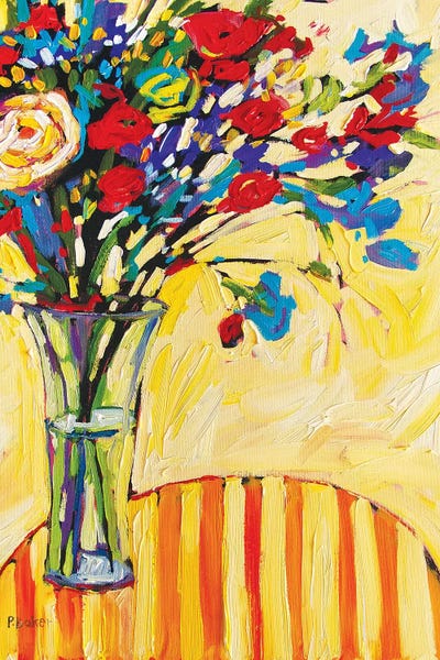 Patty Baker: Floral Vase on Red and Yellow Striped Tablecloth by Patty Baker