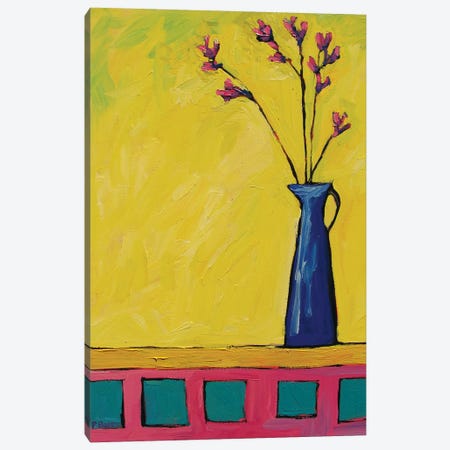 Blue Vase with Flowers On Yellow  Canvas Print #PTB172} by Patty Baker Canvas Print