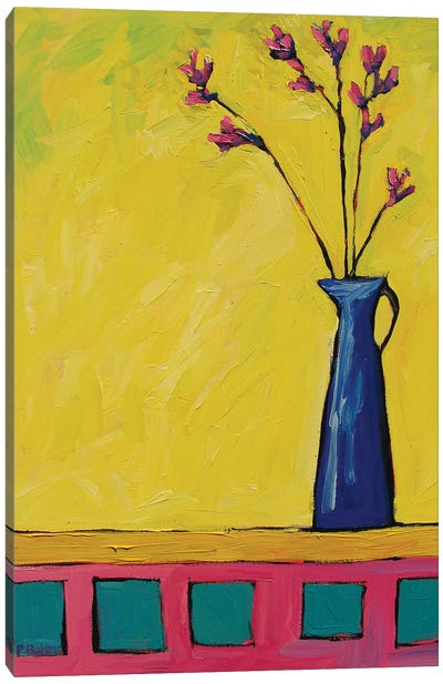 Blue Vase with Flowers On Yellow  Canvas Art Print - Patty Baker