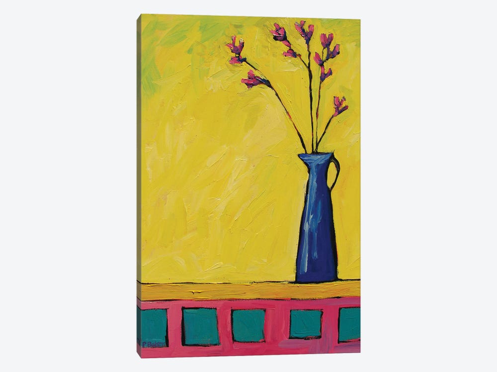 Blue Vase with Flowers On Yellow  by Patty Baker 1-piece Canvas Artwork