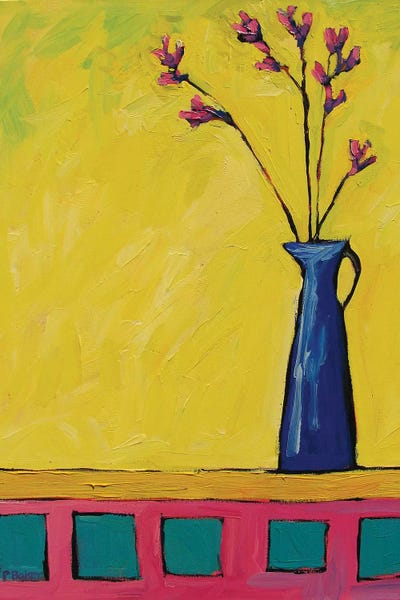 Patty Baker: Blue Vase with Flowers On Yellow  by Patty Baker