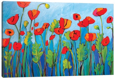 Red Poppies On Blue II Canvas Art Print - Patty Baker