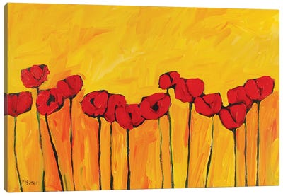 Red Poppies On Yellow  Canvas Art Print - Patty Baker