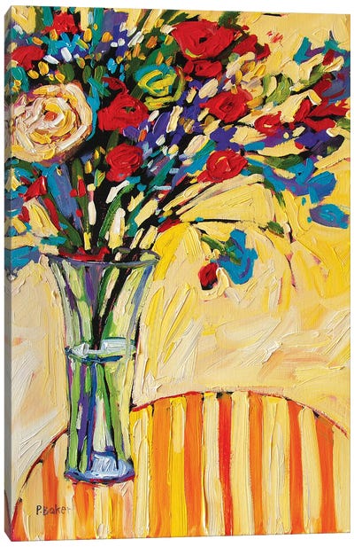 Still Life With Flowers and Striped Tablecloth Canvas Art Print - Artists Like Matisse