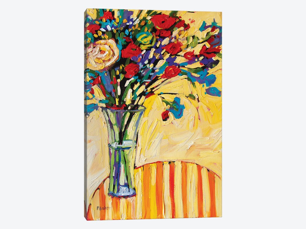 Still Life With Flowers and Striped Tablecloth by Patty Baker 1-piece Art Print