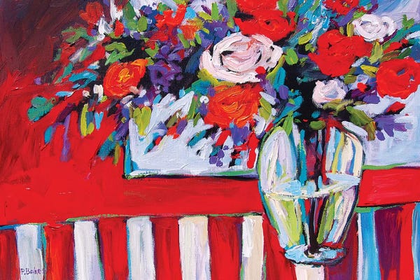Patty Baker: Still Life With Striped Tablecloth by Patty Baker