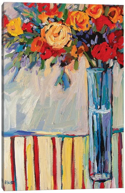 Still Life With Vase and Flowers On Red Striped Tablecloth Canvas Art Print - All Things Matisse