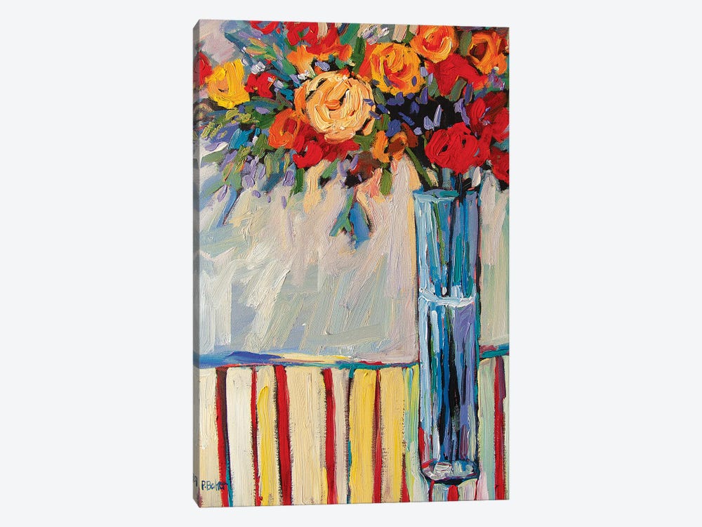 Still Life With Vase and Flowers On Red Striped Tablecloth by Patty Baker 1-piece Canvas Artwork