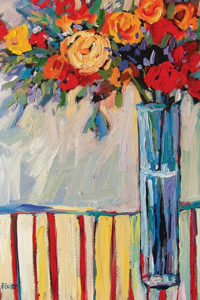 Patty Baker: Still Life With Vase and Flowers On Red Striped Tablecloth by Patty Baker