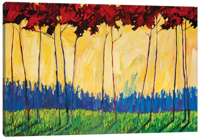 Tall Red Trees On Yellow II Canvas Art Print - Patty Baker