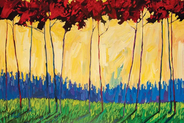 Patty Baker: Tall Red Trees On Yellow II by Patty Baker
