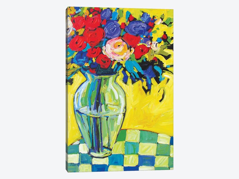 Vase and Flowers On Checkered Tablecloth by Patty Baker 1-piece Canvas Artwork