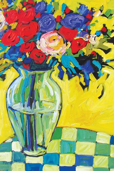 Patty Baker: Vase and Flowers On Checkered Tablecloth by Patty Baker