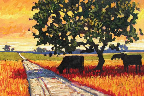 Patty Baker: Cows Grazing by the Road by Patty Baker