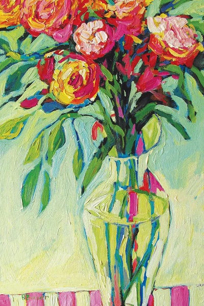 Patty Baker: Floral Vase and Striped Tablecloth II by Patty Baker