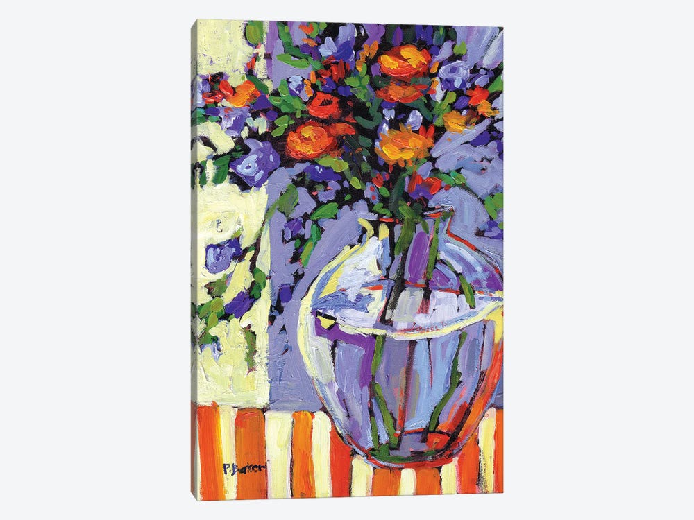 Floral Vase on Striped Tablecloth by Patty Baker 1-piece Canvas Art
