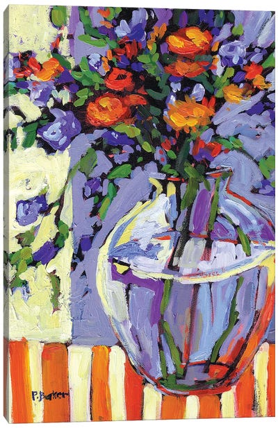 Floral Vase on Striped Tablecloth Canvas Art Print - Patty Baker