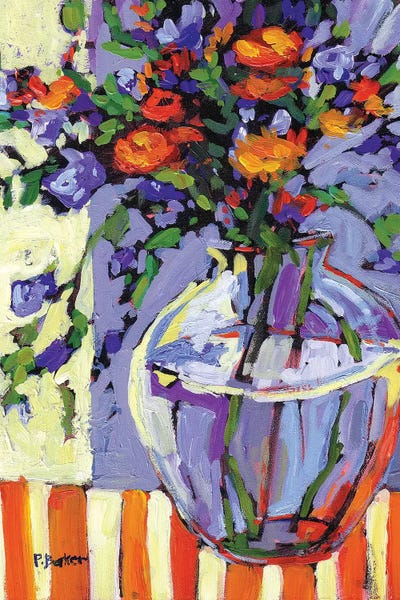 Patty Baker: Floral Vase on Striped Tablecloth by Patty Baker