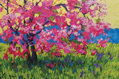 Pink Blossom Tree with Yellow Sky and Blue Mountains by Patty Baker art print