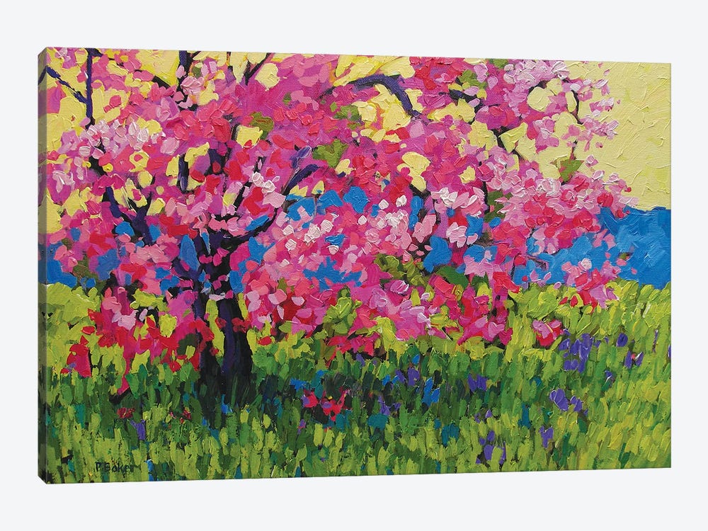 Pink Blossom Tree with Yellow Sky and Blue Mountains by Patty Baker 1-piece Canvas Artwork