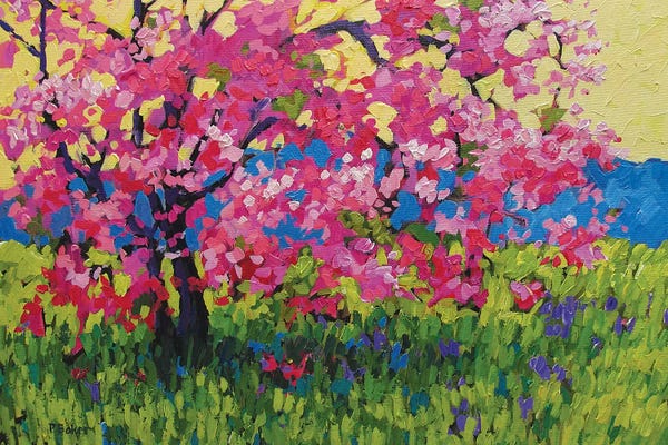 Patty Baker: Pink Blossom Tree with Yellow Sky and Blue Mountains by Patty Baker